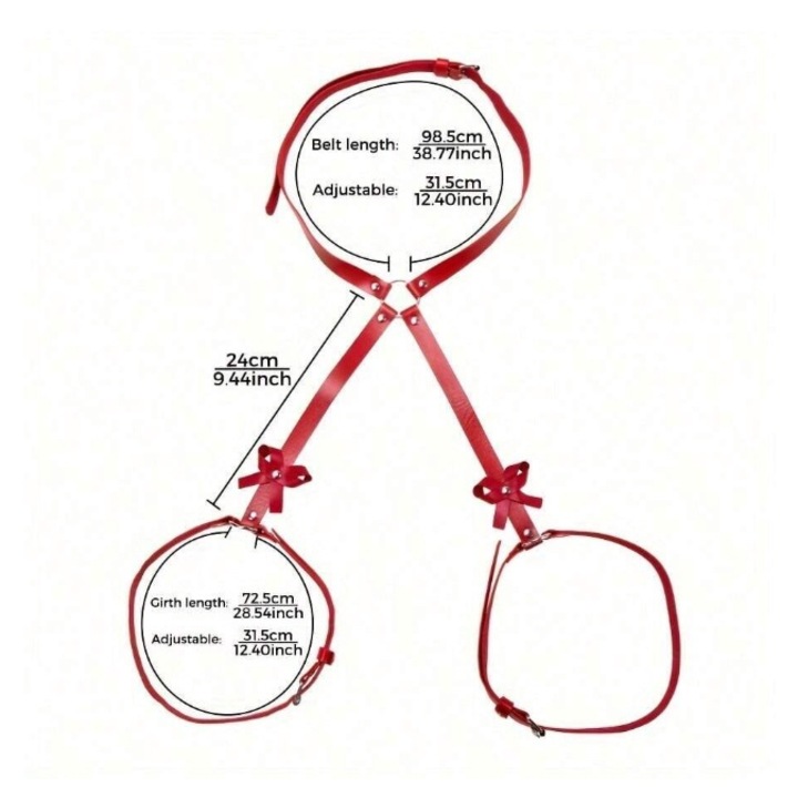 Set BDSM, Kit bondage, EXCITAT®, Jartiera cu catuse, Curele din piele, Set de curele gotice, Arc rosu, Bratara SM pentru glezna, PU, Potrivit pentru bondage, Rosu