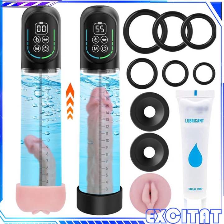 Pompa electrica de vid pentru marirea penisului masculin, EXCITAT®, 5 aspiratie, 6 antrenament, Exercitii de intarire a penisului, Cupe de aspiratie pentru pasarica feminina reala, Reincarcabila USB, Dispozitiv de presiune a aerului, Negru
