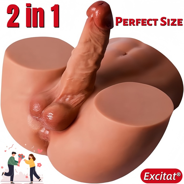 Dildo artificial realist, EXCITAT®, TPE, 2 in 1, Vibrator artificial realist si Masturbator anal, Dildo pentru penis flexibil, Testicule, Anal, 3D, Penis anal, Unisex, Jucarii pentru penis, Gay, Cupluri, Culoarea pielii