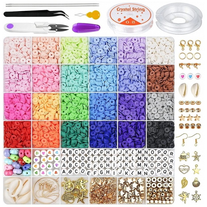 6000 darabos agyaggyöngy készlet, Chigoods, Karkötők készítéséhez, 24 szín, Lapos, kerek polimer gyöngyök, 6 mm-es távtartó, Rugalmas zsinórral, medállal, Ékszerkészítés