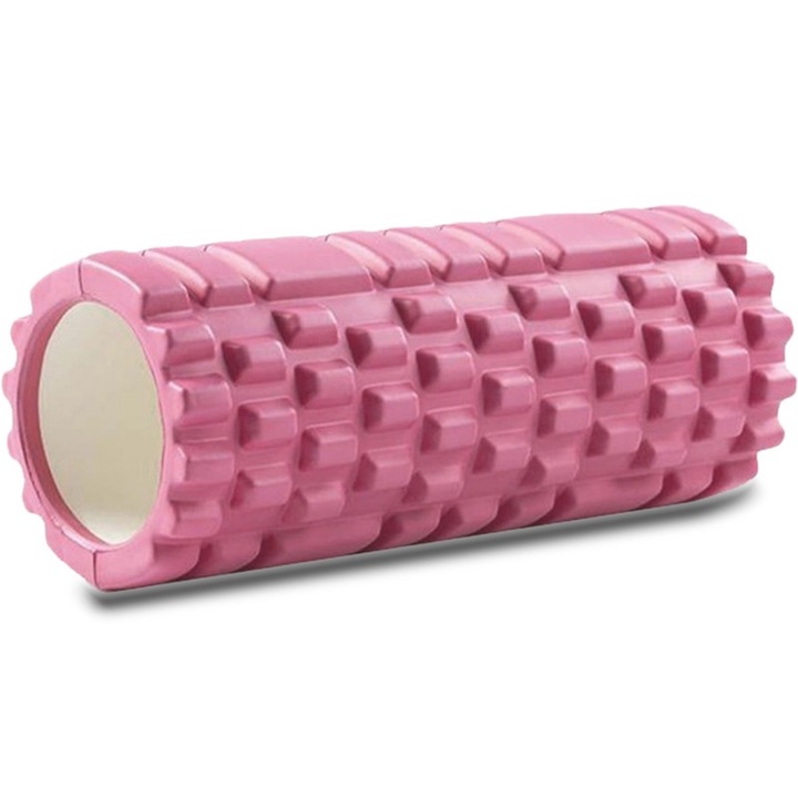 Rola pentru masaj, fitness, gimnastica, yoga, dispozitiv universal de eliberare musculara si fasciala, pentru incepatori si avansati, spuma EVA, 33x14cm, roz