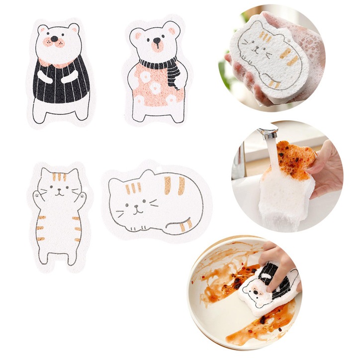 Burete de spalat vase de bucatarie, Folosit pentru curatarea tacamurilor si ustensilelor de bucatarie, 4 bucati / set, spumare bogata, putere de curatare puternica