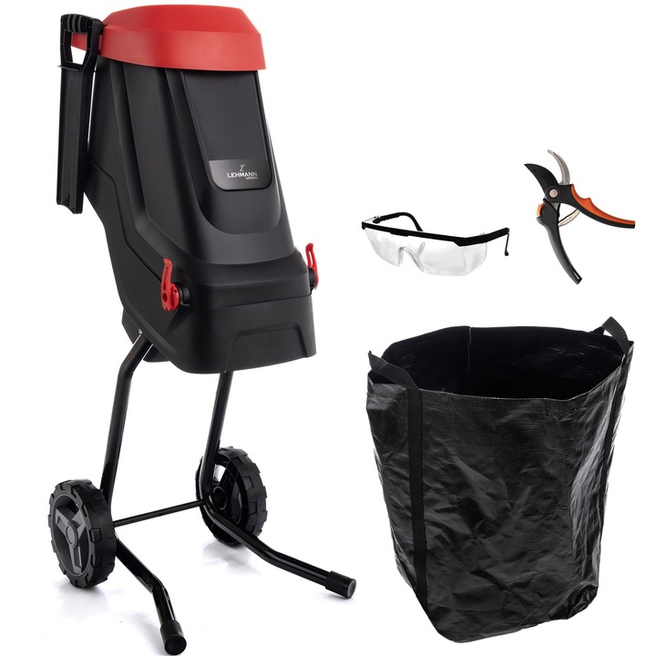 Lehmann Fatörő ágaprító, 2600 W, 4500 RPM, Ágak 45 mm-ig, 45 L-es gyűjtőzsákkal, Biztonsági szemüveg és kerti olló, 44x36x94 cm, 8,7 kg, Fekete/Piros