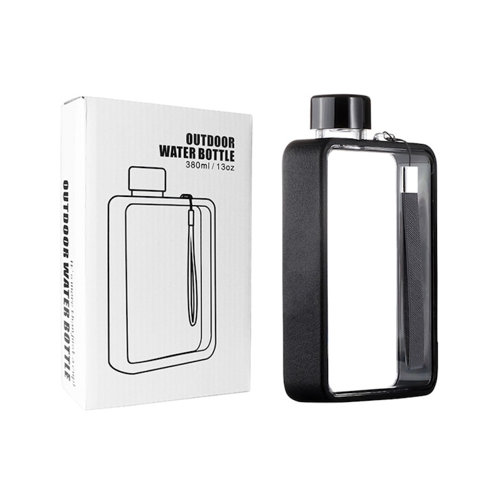 Тънка черна бутилка за вода 380 ml, материал на корпуса pc/tritan+tpe, капак от абс, компактен дизайн 108x33x178 mm, идеална за портмонета, раници или джобове, с презрамка за носене, елегантна, дискретна и пестяща място - хидратирайте се със стил