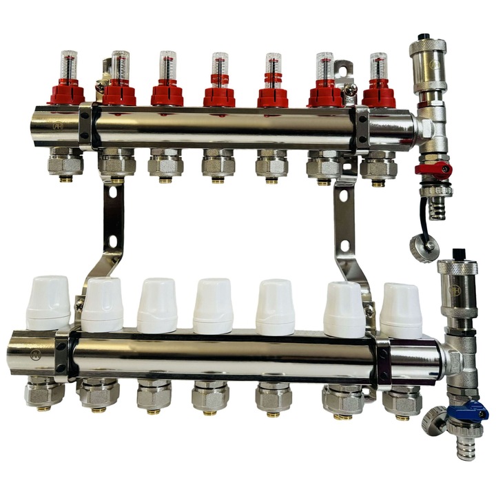 AQUA HEATING Distribuitor pentru incalzire in pardoseala alama 7 circuite racorduri pex 16x2 set de aerisire
