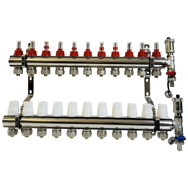 AQUA HEATING Distribuitor pentru incalzire in pardoseala alama 11 circuite racorduri pex 16x2 set de aerisire