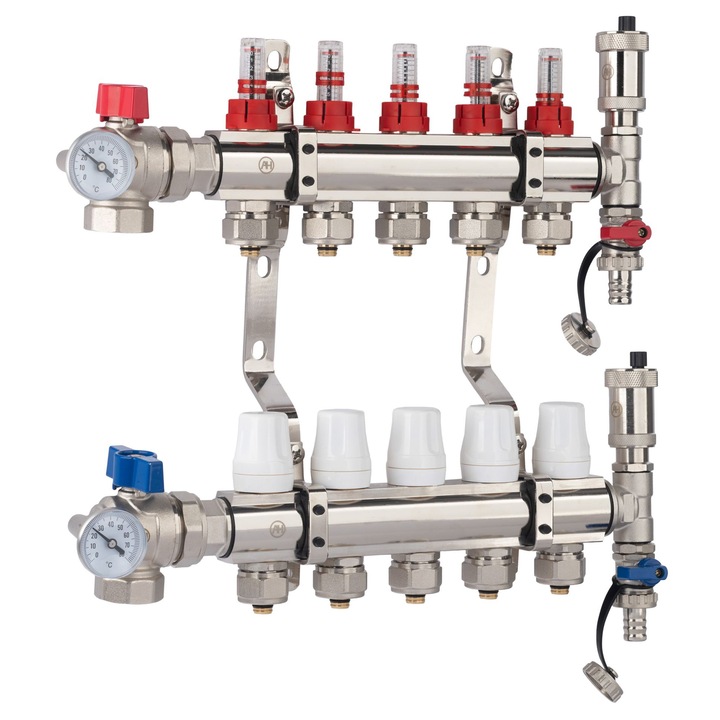 AQUA HEATING Distribuitor pentru incalzire in pardoseala alama 5 circuite racorduri pex 16x2 ventil unghiular set de aerisire