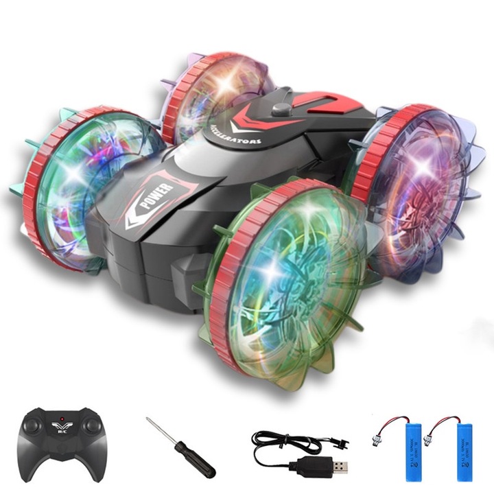 RC амфибия каскадьорска кола, 2,4 GHz, 360 градуса ротация, 4WD, 2,4 HGz радиоуправляема, детски играчки със светлина и звук, червена