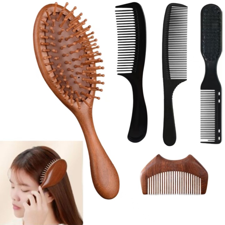 Set de 5 perii si piepteni din lemn de santal, anti-static, cu maner ergonomic,20x6.5cm