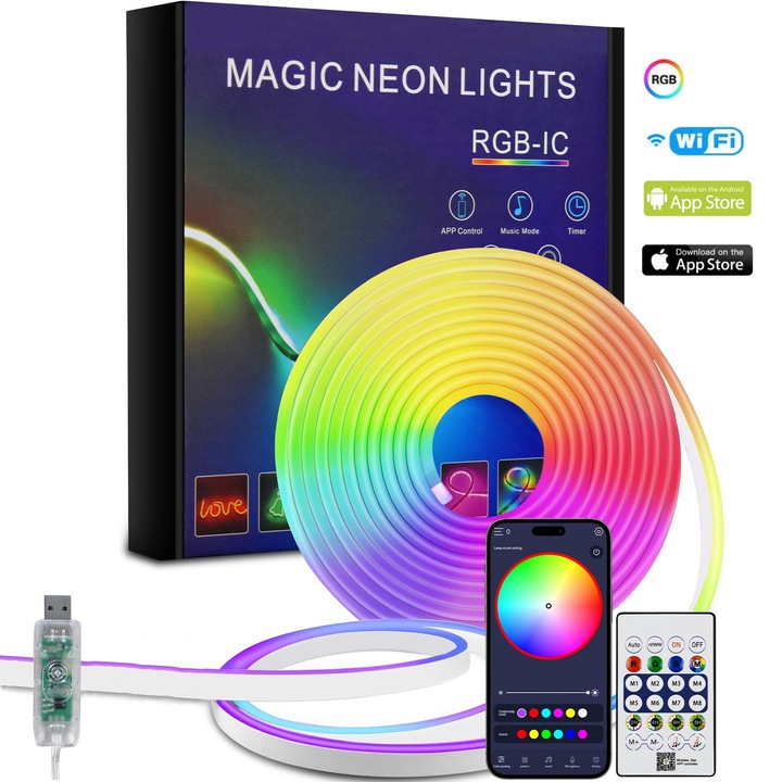 LED лента, Гъвкава, RGBIC, неонова, MOGU, 2 м дължина, 16 милиона цвята, управление от приложения, множество функции, цветови палитри, синхронизация на музика, множество режими, IP67, таймер, регулируема яркост, регулируема скорост