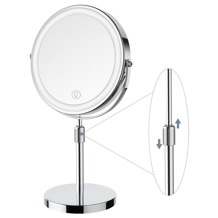 Козметично огледало с LED за грим, Hggzeg, вариращо от 38 см-48 см, осветено с 54 светодиода, 2-странно огледало, с 1x 10x увеличение, 3 вида светлина, регулируем интензитет, сензорен превключвател, завъртане на 90º, 2500 mAh, USB презареждане, сребристо
