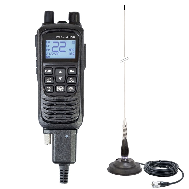 Kit statie radio CB portabila PNI Escort HP 82 cu antena CB PNI ML100, 250W, 100cm si baza magnetica inclusa