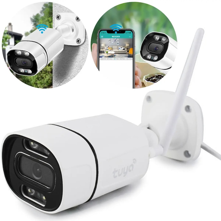 Camera de supraveghere Wi-Fi cu Pan/Tilt 360 grade, 4K, Lumina LED, Comunicare bidirectionala, Card de memorie Flash Night View, 22x13x13cm, Rotatie 360 °, Viziune nocturna colorata si infrarosu, Detectie a miscarii, Notificare inteligenta, Alb