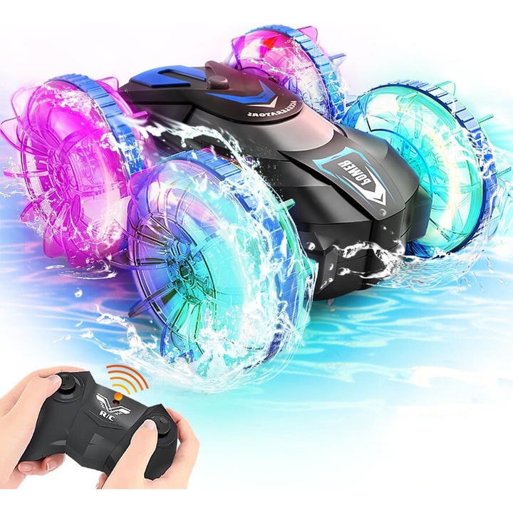 Kétéltű RC autó, vízálló, kaszkadőr, 360 fokos forgatás, 4WD, 2,4 HGz rádióvezérlésű, Fény- és hangjátékok gyerekeknek, 16x14,5x7,5 cm, fekete