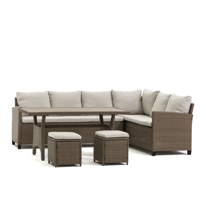 Комплект градински мебели FIRENZE - Ъглови 7 места, 2 табуретки, Маса с плот от полидърво, ефект ратан, включени възглавници