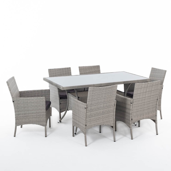 Комплект градински мебели ROMA - правоъгълна маса 150x80 см със стъклен плот и 6 фотьойла, ефект ратан, включени възглавници