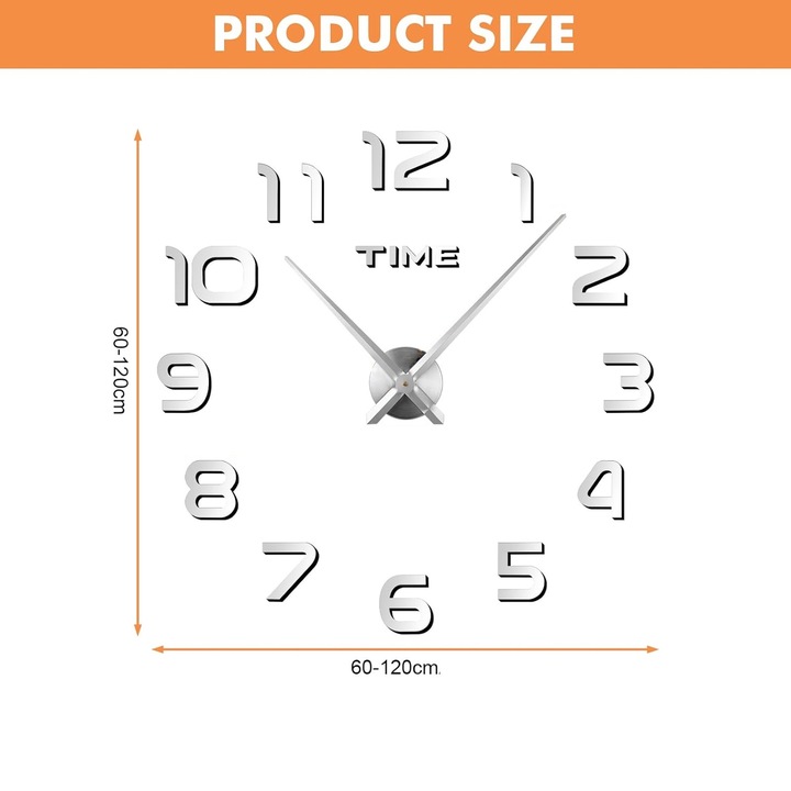 Ceas mare de perete 3D autoadeziv DIY fara cadru, Hggzeg, Autocolant cu ceas de perete din acril pentru sufragerie dormitor decoratiuni pentru casa, Efect de oglinda, Fara zgomot, Usor de instalat, Diametru 60-120cm, Argintiu
