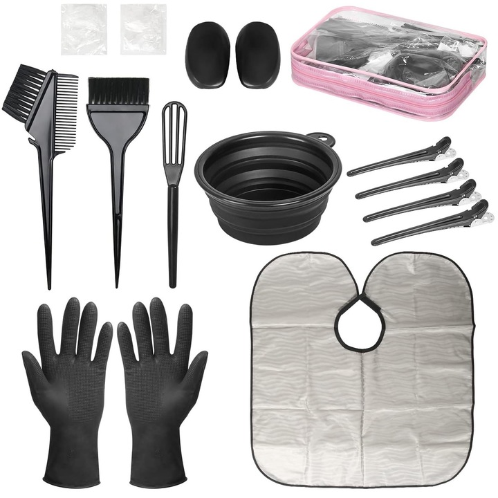 Trusa Profesionala pentru Par, Hggzeg, Set trusa pentru vopsit par, 15 ustensile si geanta de depozitare inclusa, Cu bol pentru nuantarea parului, capac pentru urechi, ac de par, Practic si simplu de folosit acasa sau la salon, Plastic, Roz