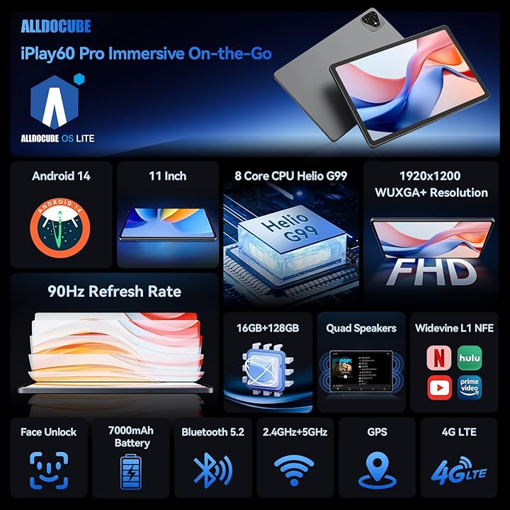 Tableta ALLDOCUBE® iPlay60 Pro, Android 14, 11 inch Helio G99, 16(6+10)GB RAM/128GB ROM, 1.5TB extensibil, Ecran FHD 1920x1200, WiFi & SIM, Widevine L1, 7000mAh, Camera 5MP/5MP, Bluetooth 5.2, Storm Grey