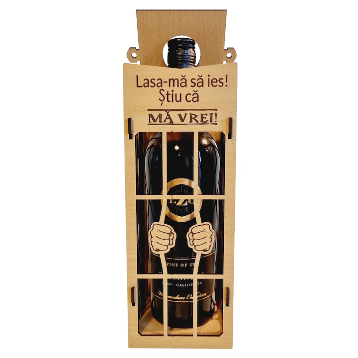 Подаръчен комплект, Joystos, дървена кутия за бутилка вино с две ръчни решетки и съобщение - „Пусни ме! Знам, че ме искаш“.