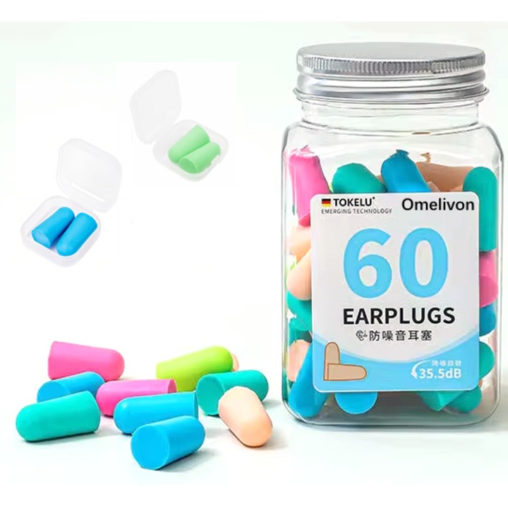 Set de 60 dopuri de urechi din burete, 2 cutii de depozitare, 35.5 dB, pentru somn, calatorii, concerte, studiu, munca, Multicolor