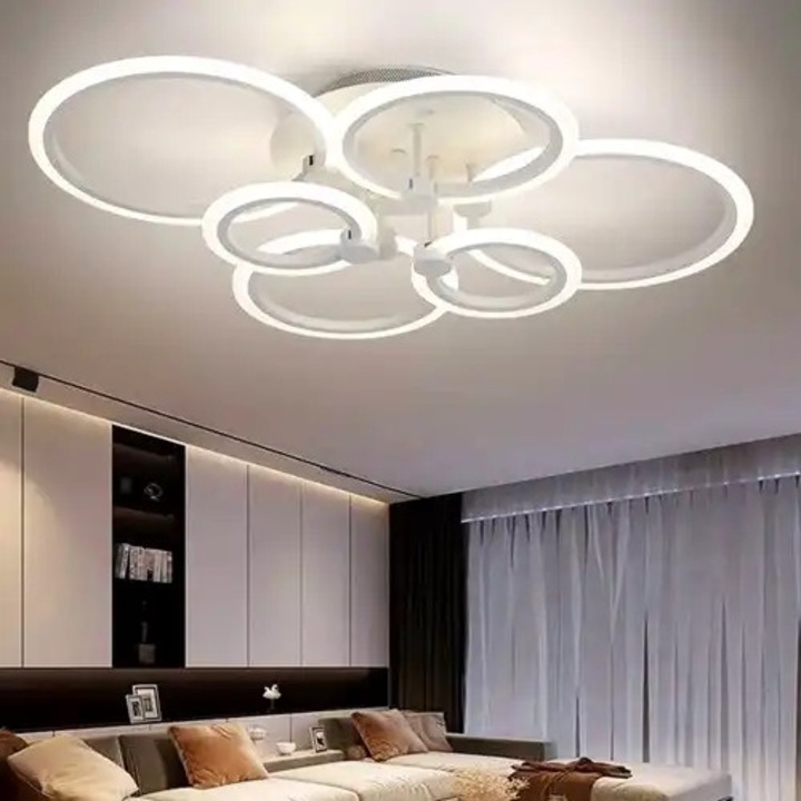Lustra LED, telecomanda inclusa, alba, rotunda, 160W, trei tipuri de lumina, calda, neutra si rece, intensitate reglabila, dimensiuni (L, l, h) 75x55x16cm, clasa protectie IP21, montaj tavan