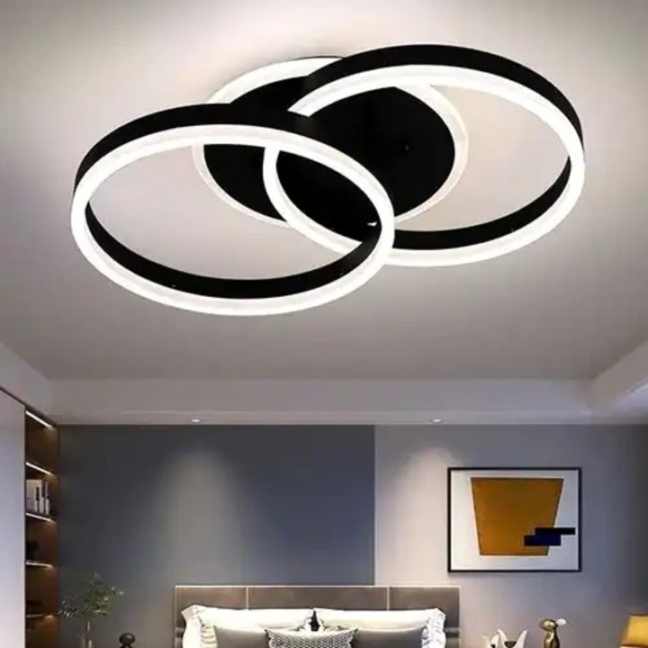 Lustra LED cu 3 tipuri de lumina si telecomanda, neagra, rotunda, 90W, intensitate reglabila, lumina rece/neutra/calda, 48x33x9cm, IP21, aplicata, montaj tavan, LED CONCEPT