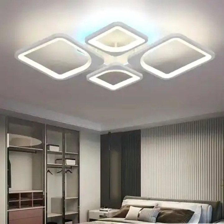 Lustra LED aplicata cu telecomanda, alba, patrata, 100W, 3 functii de lumina, calda/naturala/rece + RGB, intensitate reglabila, dimensiune, 53x35x6cm, IP21, montaj tavan, LDC