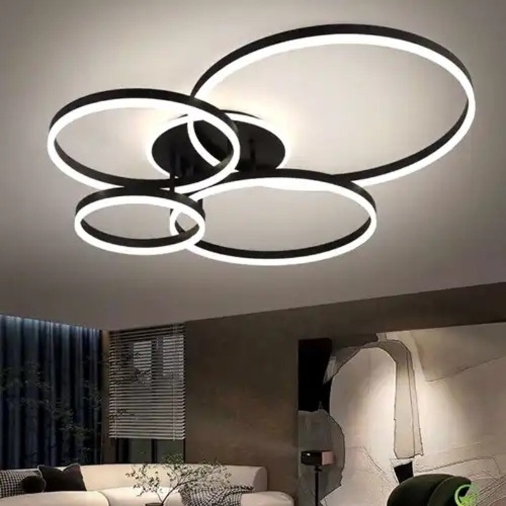 Lustra LED, telecomanda inclusa, neagra, rotunda, 360W, trei tipuri de lumina, calda, neutra si rece, intensitate reglabila, dimensiuni (L, l, h) 96x94x14cm, clasa protectie IP21, montaj tavan