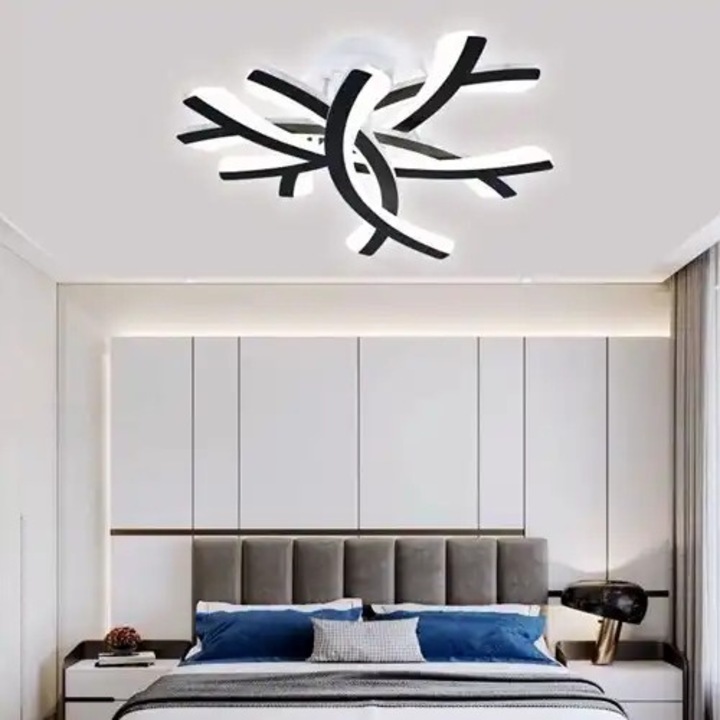 Lustra LED, telecomanda inclusa, neagra, asimetrica, 120W, trei tipuri de lumina, calda, neutra si rece, intensitate reglabila, dimensiuni (L, l, h) 50x50x15cm, clasa protectie IP21, montaj tavan