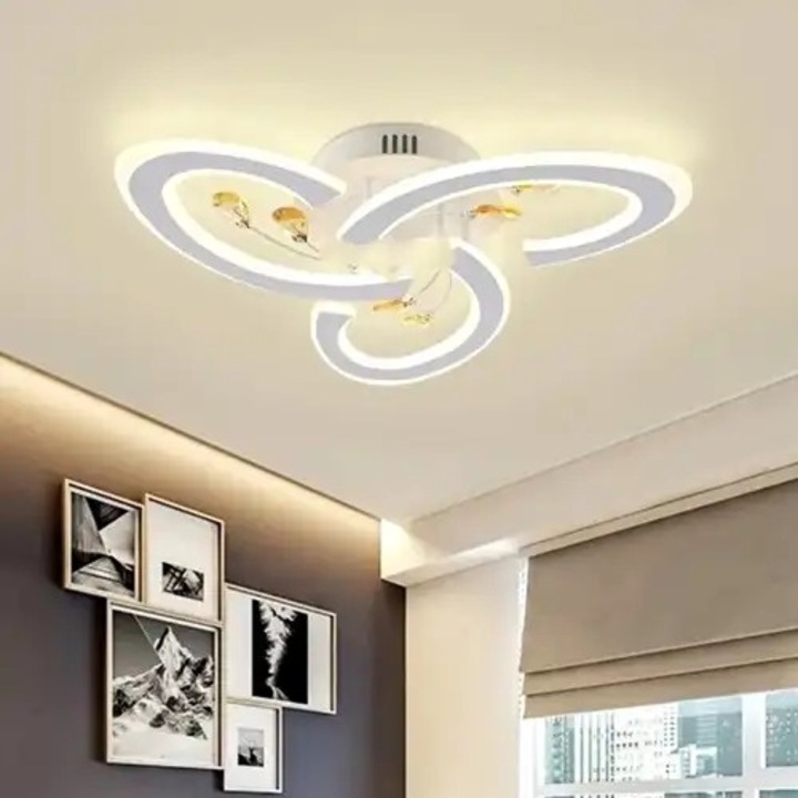 Lustra LED, telecomanda inclusa, alba, rotunda, 104W, trei tipuri de lumina, calda, neutra si rece, intensitate reglabila, dimensiuni (L, l, h) 50x50x8cm, clasa protectie IP21, montaj tavan