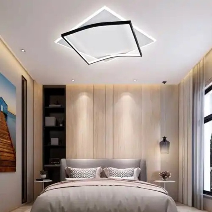 Lustra LED cu 3 tipuri de lumina si telecomanda, neagra, patrata, 108W, intensitate reglabila, lumina rece/neutra/calda, 40x40x8cm, IP21, aplicata, montaj tavan, LED CONCEPT