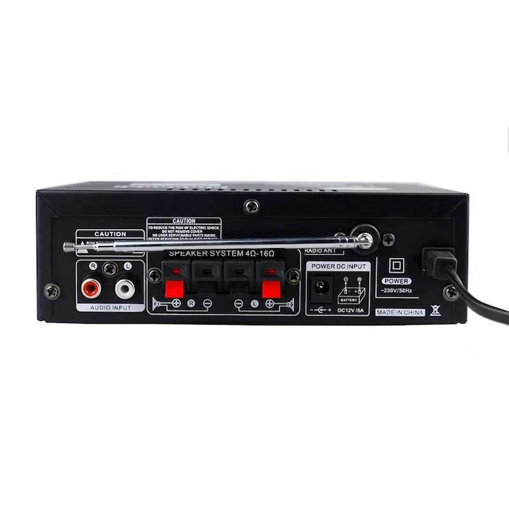 Amplificator pentru difuzoare, conectivitate Bluetooth, rezolutie 47K, calitate audio HiFi, frecventa 20-20KHZ, raport semnal-zgomot 80db, negru