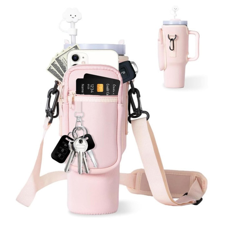 Husa cu bareta umar pentru termos Stanley 40oz, buzunar cu fermoar dublu, ajustabil, roz