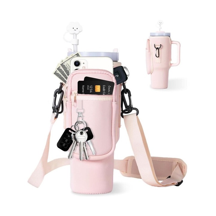 Калъф за презрамка за термос Stanley 40oz, двоен джоб с цип, регулируем, розов