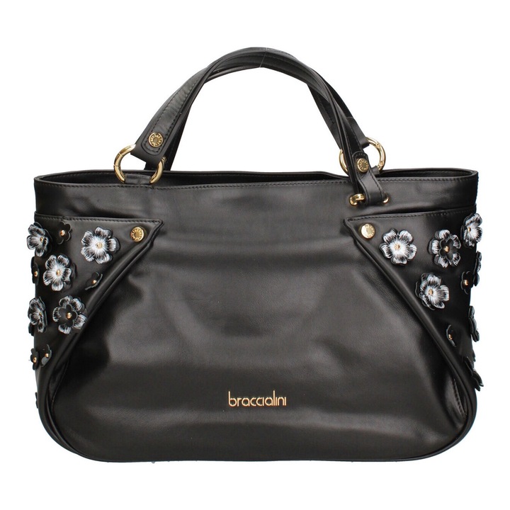 BRACCIALINI, Geanta din piele cu bareta de umar si aplicatii florale, Negru