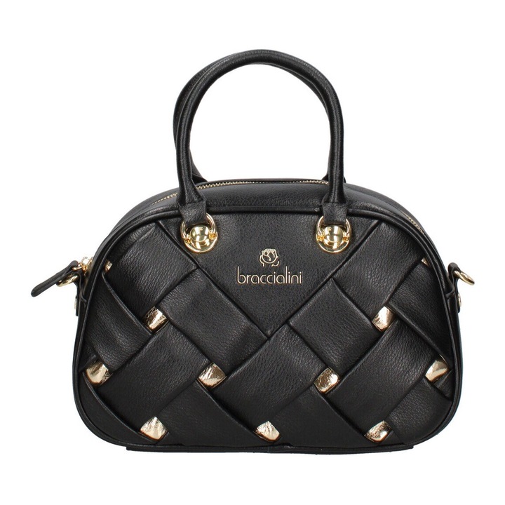 BRACCIALINI, Geanta bowler de piele ecologica cu model tesut, Negru