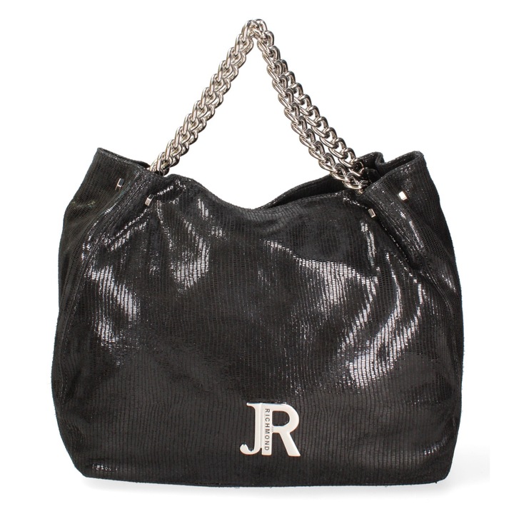 John Richmond, Geanta cu bareta de umar si logo, Negru, Argintiu