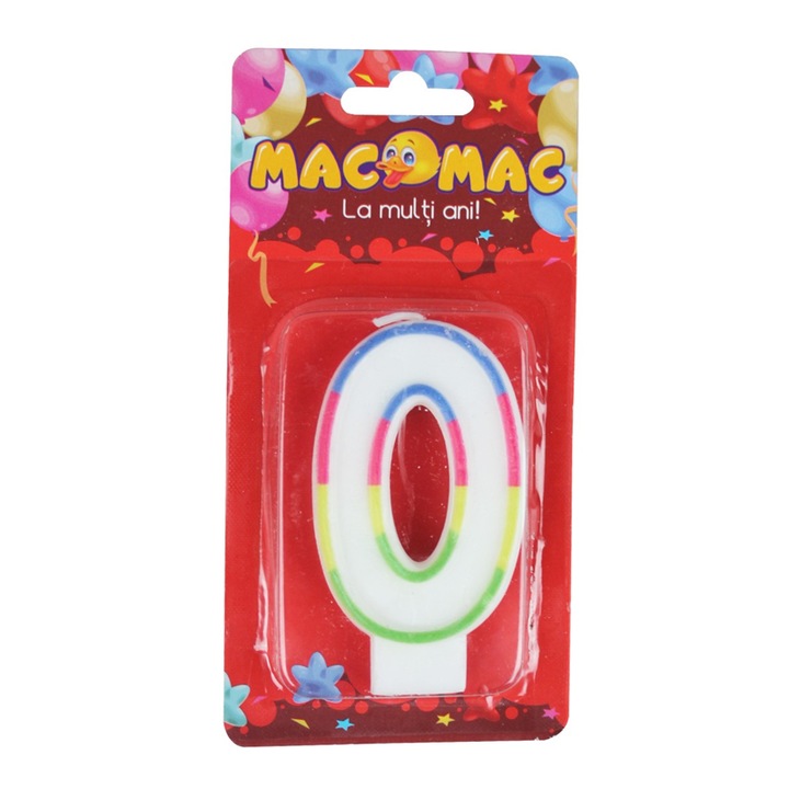 Lumanare aniversara pentru tort, cifra 0, multicolor, 7 cm