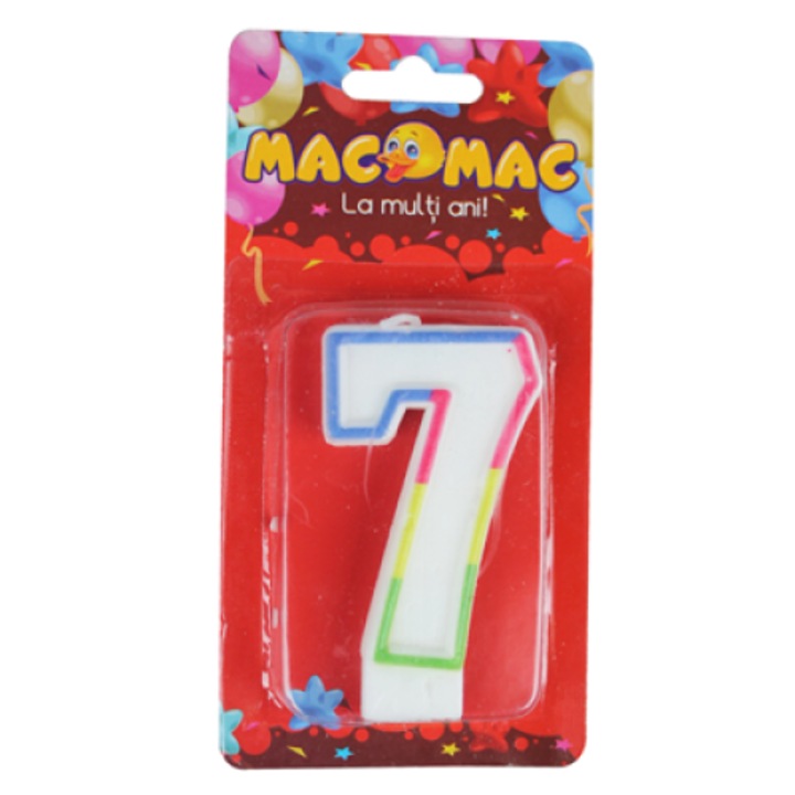 Lumanare aniversara pentru tort, cifra 7, multicolor, 7 cm