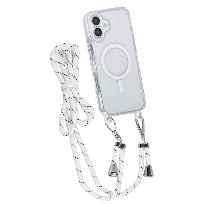 Tok Apple iPhone 16 Daden® telefonhoz, levehető vezeték, ütésálló, felső védelem, belső lökhárító, tároló, átlátszó fehér