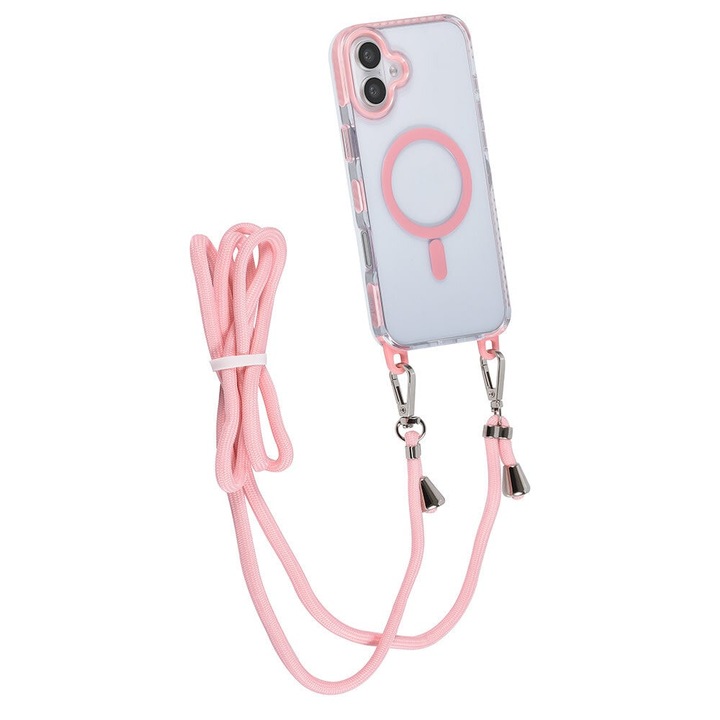 Tok Apple iPhone 16 Plus Daden® telefonhoz, levehető vezeték, ütésálló, felső védelem, belső lökhárító, tároló, átlátszó rózsaszínnel