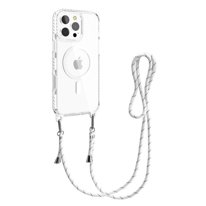 Tok Apple iPhone 16 Pro Max Daden® telefonhoz, levehető kábel, ütésálló, felső védelem, belső lökhárító, védősablon, átlátszó fehér színnel