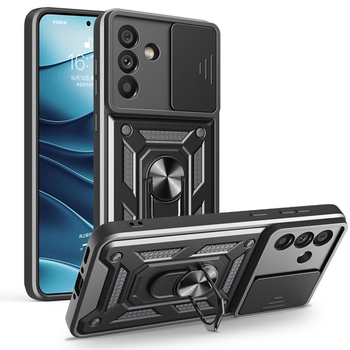 Husa pentru Samsung Galaxy A56 5G cu inel magnetic si protectie camera Skyddar CamShield - Negru