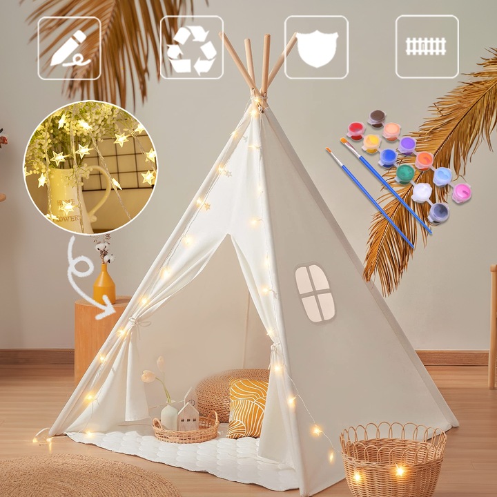 Cort copii stil indian Teepee Tent, Puepoul, cu fereastra, banda LED inclusa, 12 culori de vopsea, 2 pensule, Inaltime 160cm, Alb