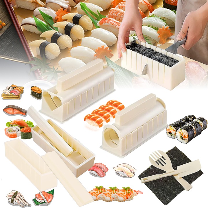 Set complet pentru preparare Sushi, Puepoul, Set de 10, Multiple forme de sushi, pentru gatit si servit, Extensibil, Suprafata lucioasa, Material ABS, Usor de curatat, Simplu si durabil, Ideal pentru a face sushi acasa