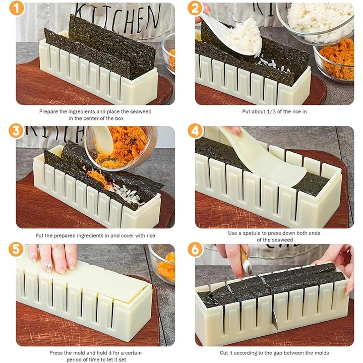 Set complet pentru preparare Sushi, Puepoul, Set de 10, Multiple forme de sushi, pentru gatit si servit, Extensibil, Suprafata lucioasa, Material ABS, Usor de curatat, Simplu si durabil, Ideal pentru a face sushi acasa