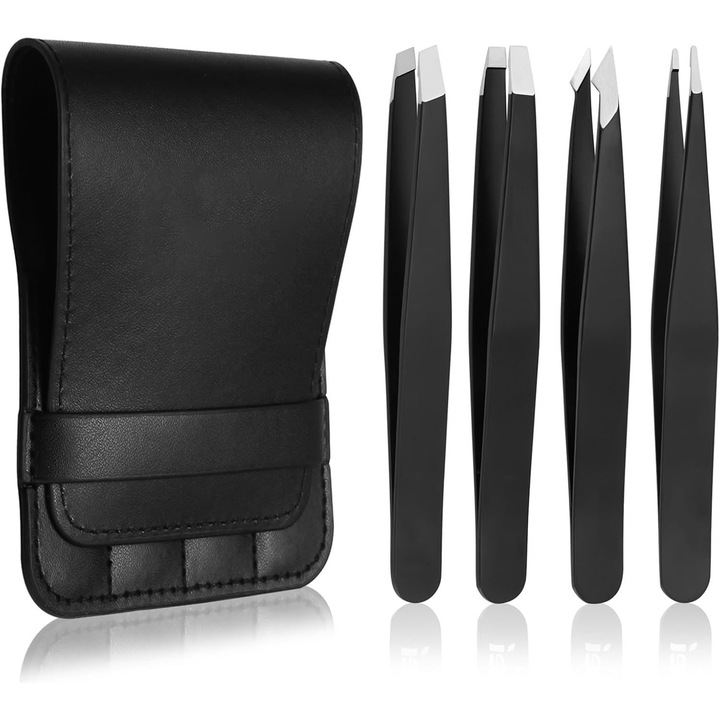 Set pensete din inox, negru, pentru sprancene, 4 tipuri, cu husa din piele pentru calatorii