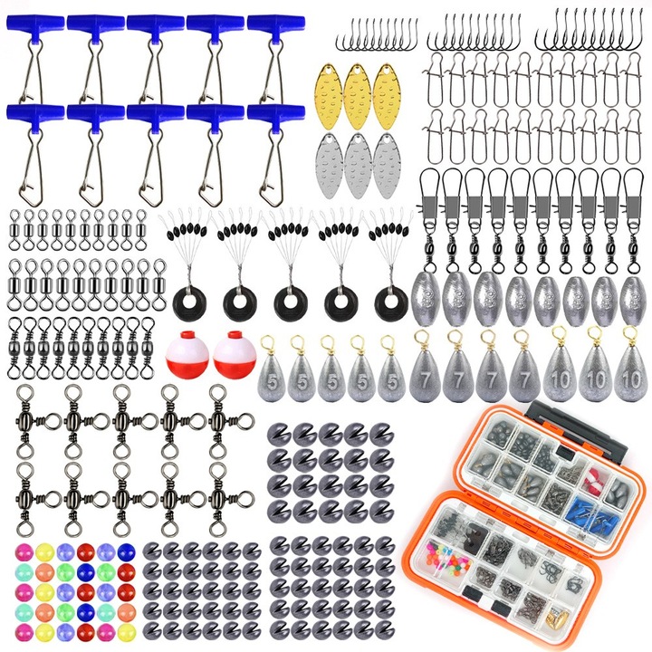 Set 254 accesorii de pescuit, kit complet de momeli si carlige, cutie de depozitare divizata, dimensiuni 16.5x9x4.8cm