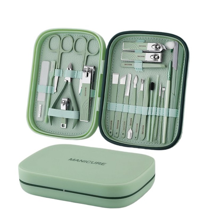 Комплект за маникюр от 22 части, неръждаема стомана, зелен